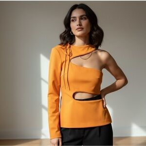 Tyler McGillivary Sz XS Orange Cut Out Long Sleeve One Shoulder Lace Up Top